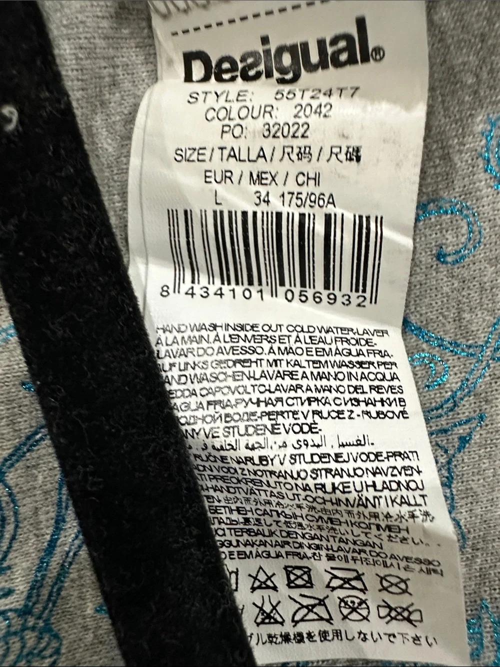Desigual Gray V-Neck Sweater with Multicolor Circular Embroidery